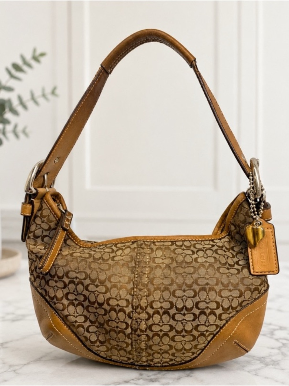 Coach Vintage ‘04 Mini Soho Hobo Bag, Tan Brown Signature Jacquard Leather Trim